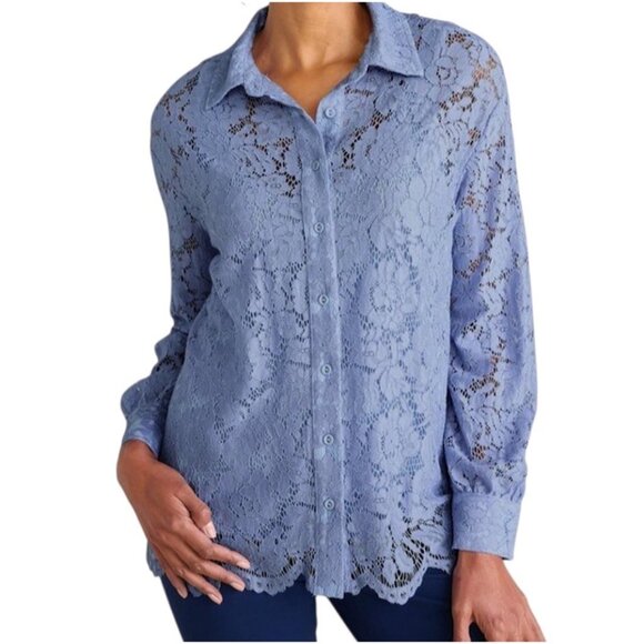 Soft Surroundings Blue Lisa Lace Button Front Long Sleeve Shirt Set Size Medium - Picture 1 of 8